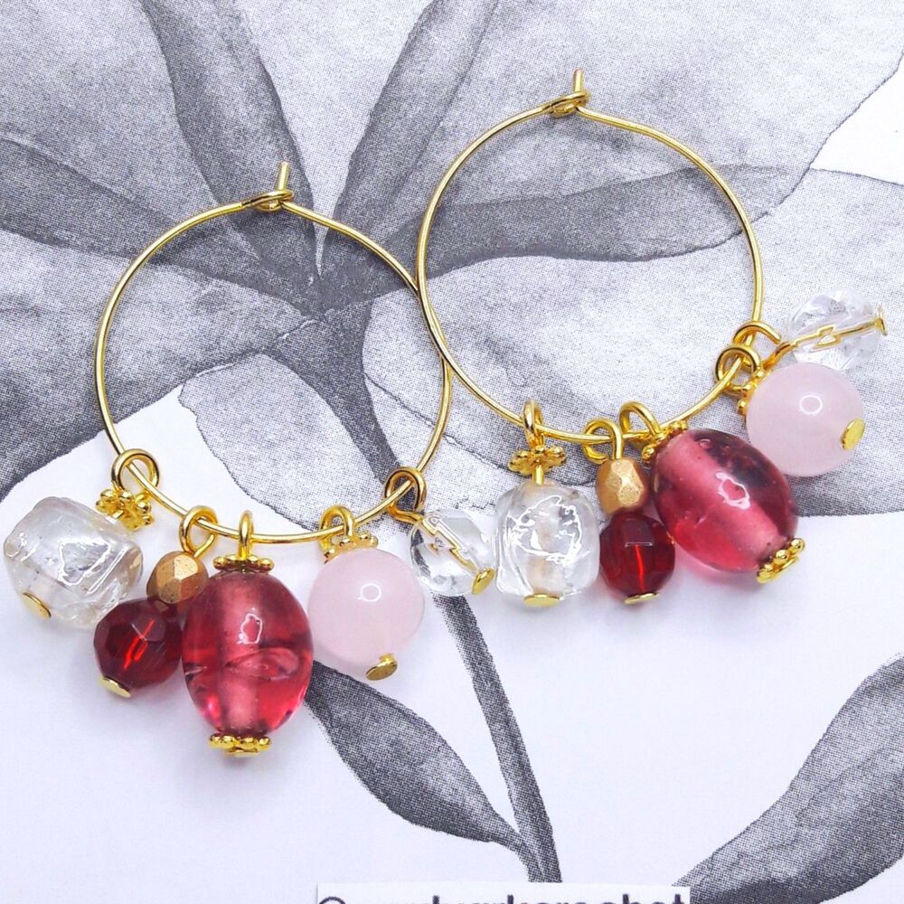 NEW Earrings Rose quartz earrings crystals glass hoop earrings pink gl 555#fs-in